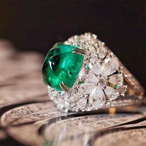 Vintage New two tone s925 simulated emerald women Ring